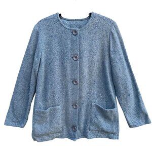 Boyne Valley Weavers Handcrafted Womens Blue Tweed Wool Button-Up Jacket Pockets